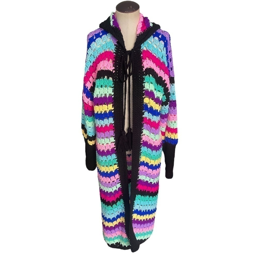 Rare Matimì Crochet Long Cardigan Sweater w/ Hood in Multicolor Stripes One Size - Picture 3 of 12